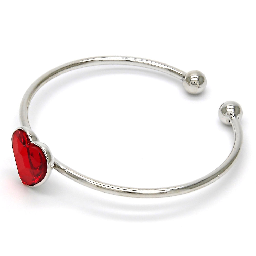 Rhodium Gold Filled Individual Bangle, Heart Design, with Light Siam Swarovski Crystals, Polished, Rhodium Finish