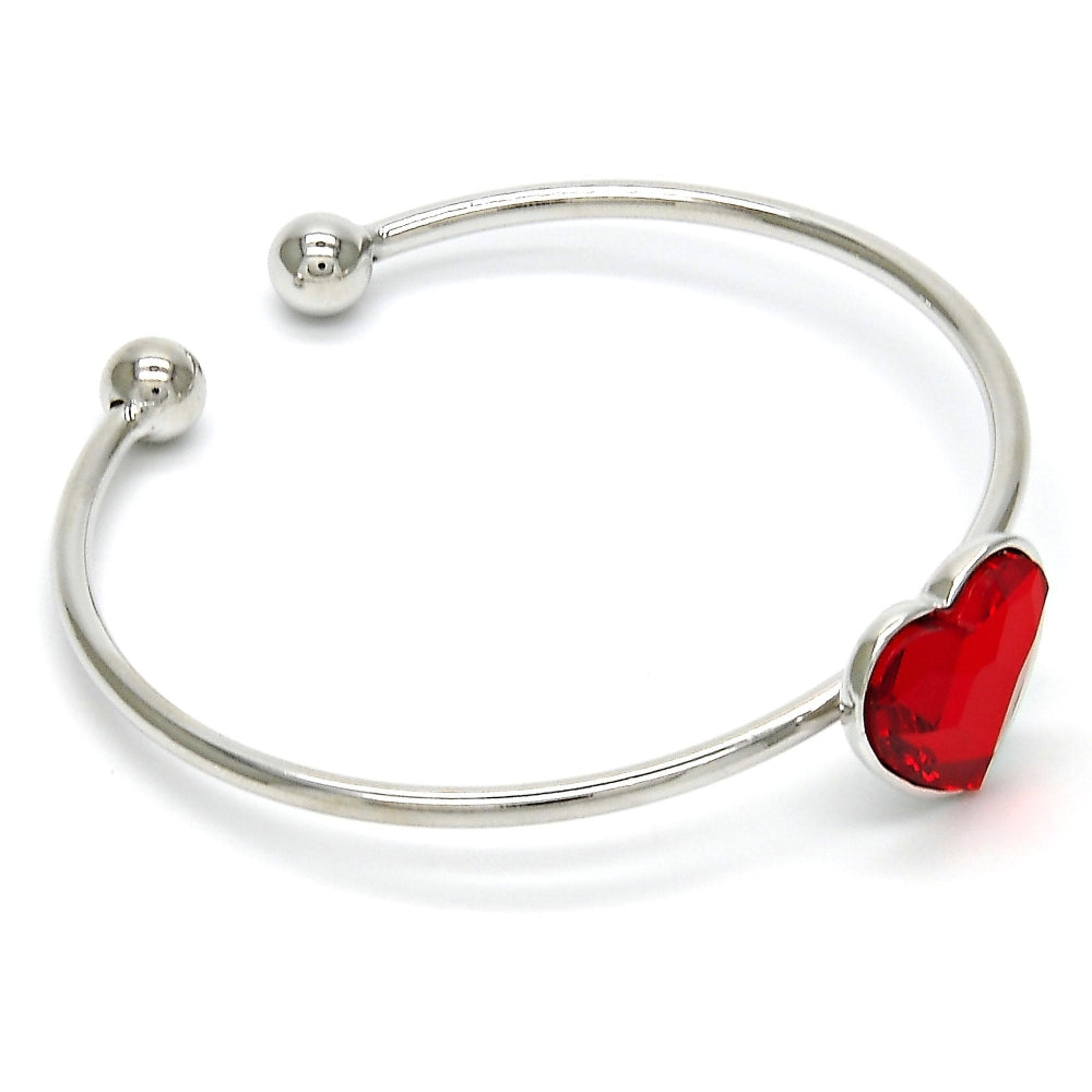 Rhodium Gold Filled Individual Bangle, Heart Design, with Light Siam Swarovski Crystals, Polished, Rhodium Finish