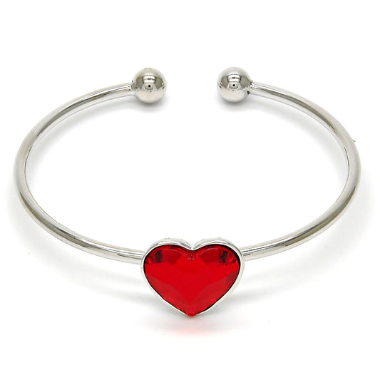 Rhodium Gold Filled Individual Bangle, Heart Design, with Light Siam Swarovski Crystals, Polished, Rhodium Finish