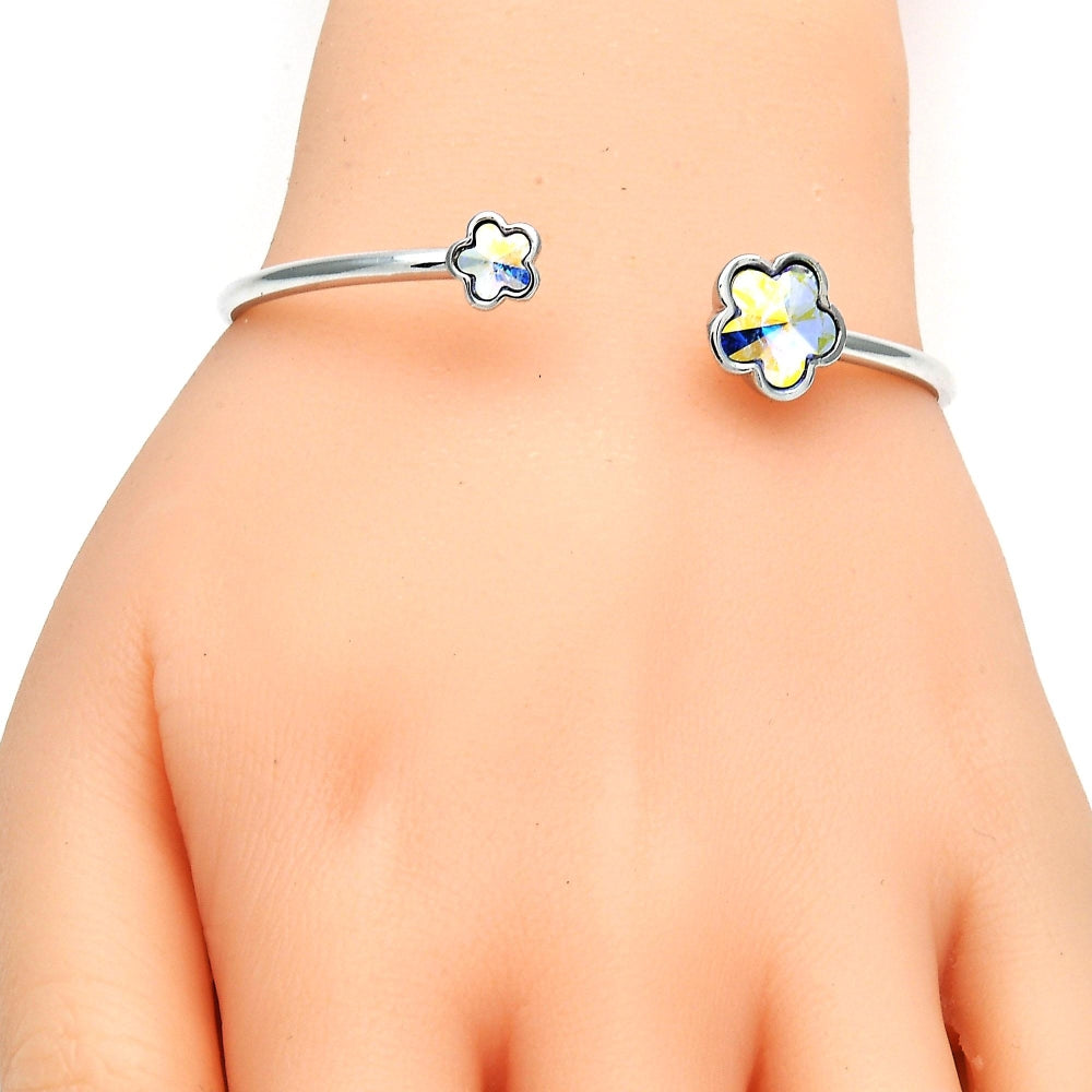Rhodium Gold Filled Individual Bangle, Flower Design, with Luminous Green Swarovski Crystals, Polished, Rhodium Finish