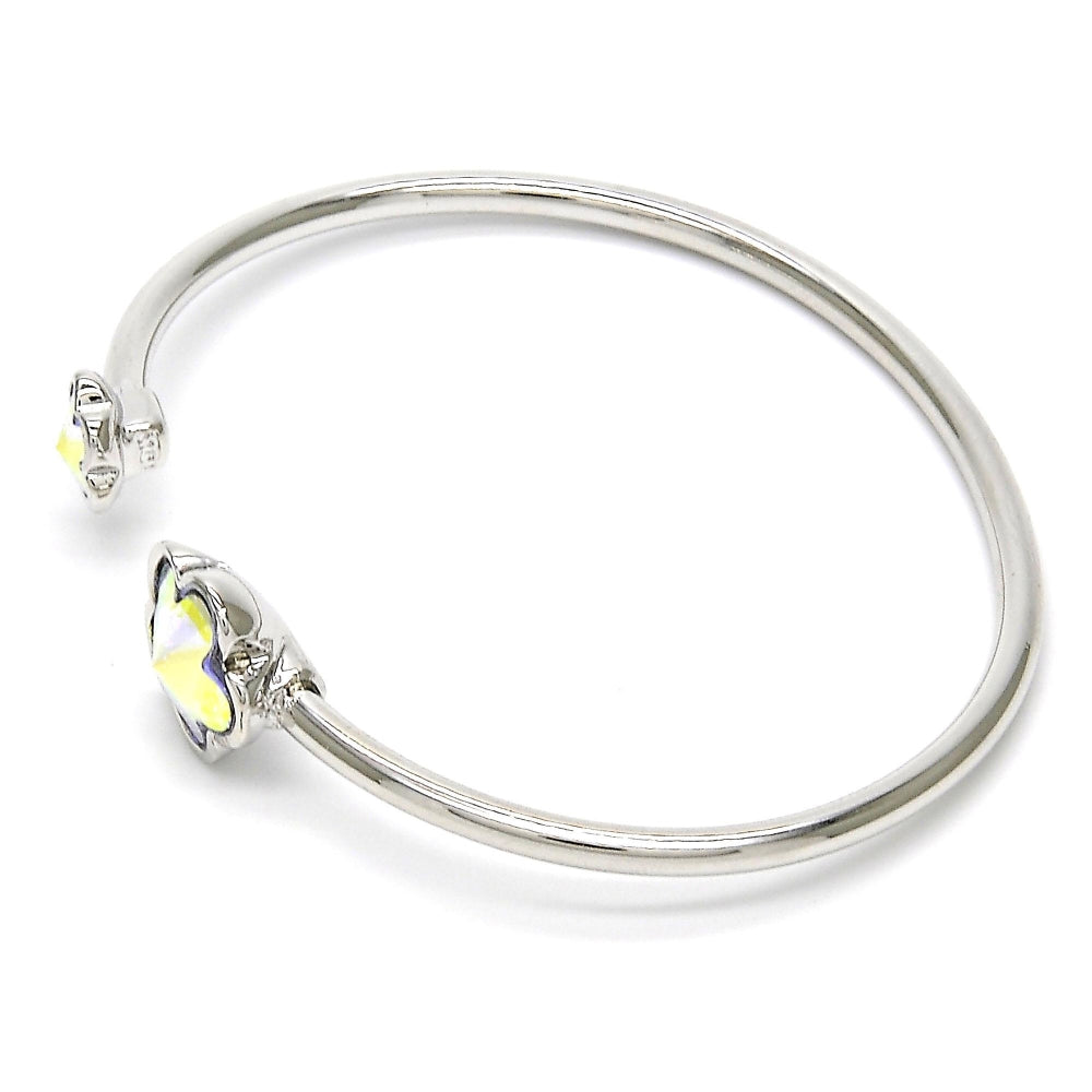 Rhodium Gold Filled Individual Bangle, Flower Design, with Luminous Green Swarovski Crystals, Polished, Rhodium Finish