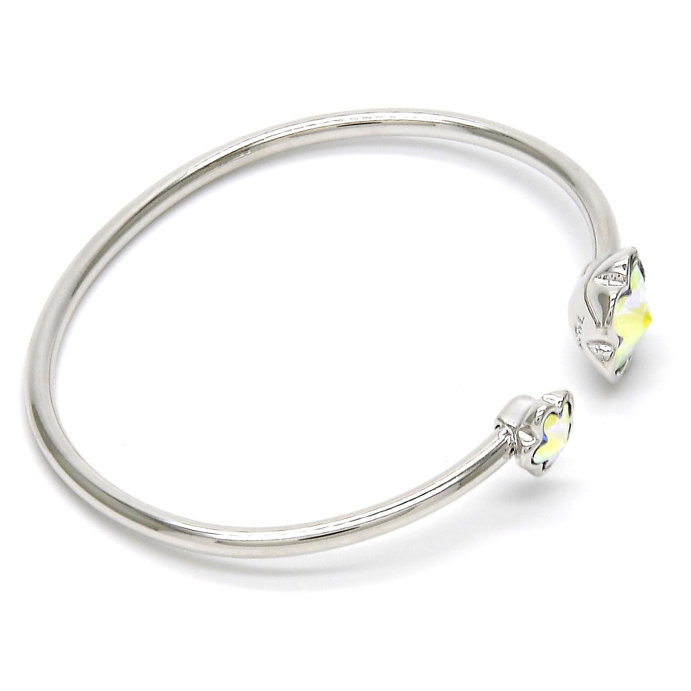 Rhodium Gold Filled Individual Bangle, Flower Design, with Luminous Green Swarovski Crystals, Polished, Rhodium Finish