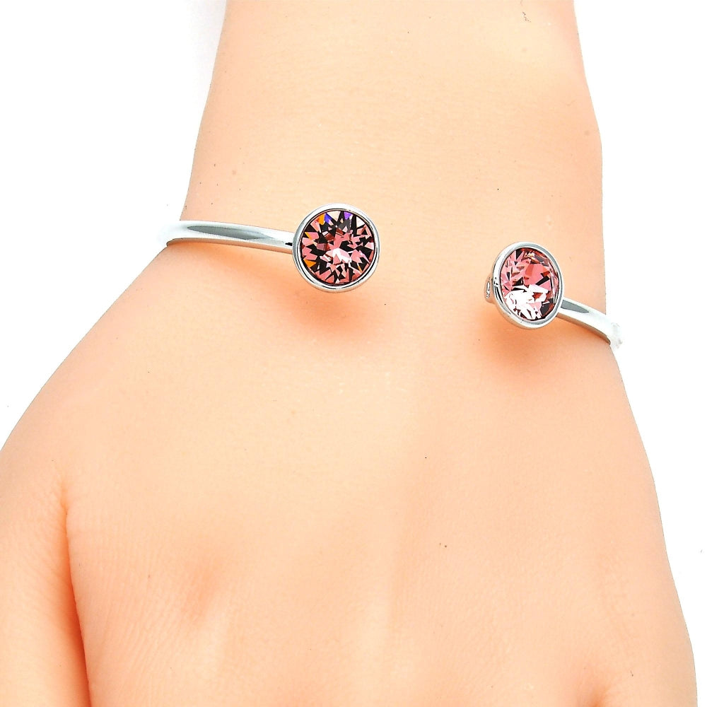 Rhodium Gold Filled Individual Bangle, with Rose Peach Swarovski Crystals, Polished, Rhodium Finish