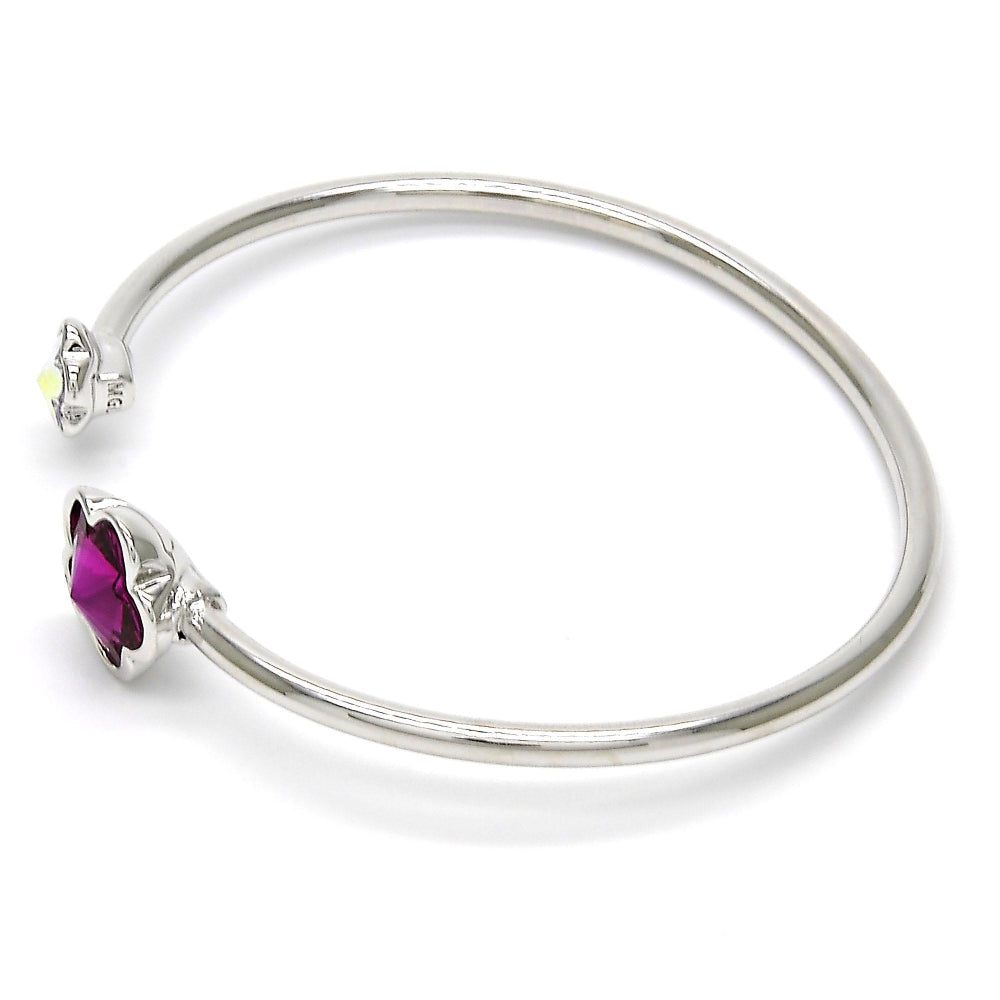 Rhodium Gold Filled Individual Bangle, Flower Design, with Fuchsia and Aurore Boreale Swarovski Crystals, Polished, Rhodium Finish