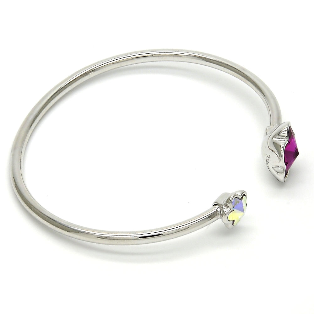 Rhodium Gold Filled Individual Bangle, Flower Design, with Fuchsia and Aurore Boreale Swarovski Crystals, Polished, Rhodium Finish