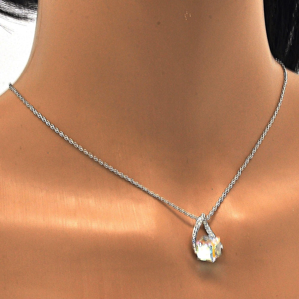 Rhodium Gold Filled Pendant Necklace, with Aurore Boreale and Aurore Boreale Swarovski Crystals, Polished, Rhodium Finish