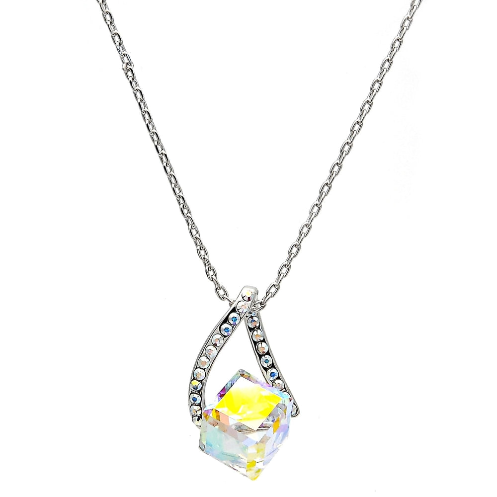 Rhodium Gold Filled Pendant Necklace, with Aurore Boreale and Aurore Boreale Swarovski Crystals, Polished, Rhodium Finish