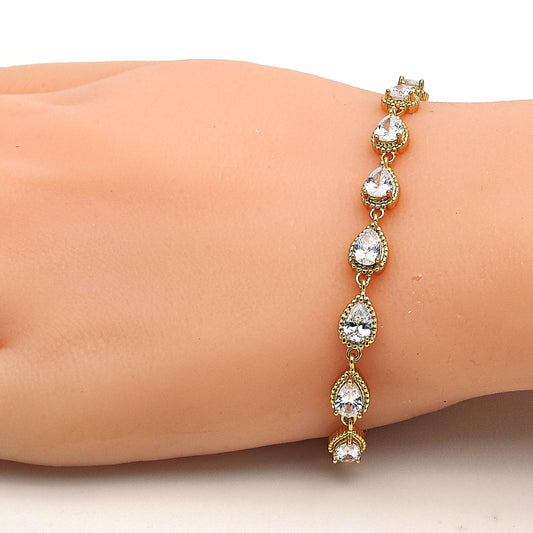 Oro Laminado Tennis Bracelet, Gold Filled Style Teardrop Design, with White Cubic Zirconia, Polished, Golden Finish
