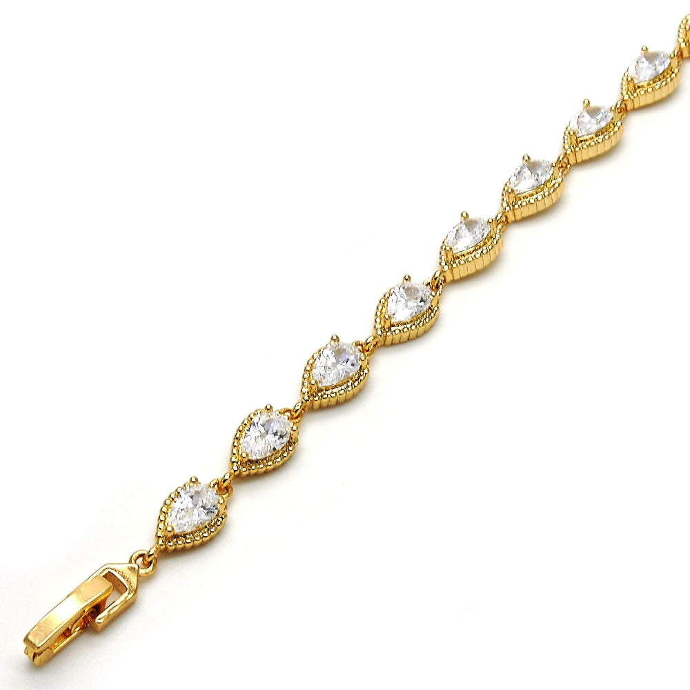 Oro Laminado Tennis Bracelet, Gold Filled Style Teardrop Design, with White Cubic Zirconia, Polished, Golden Finish