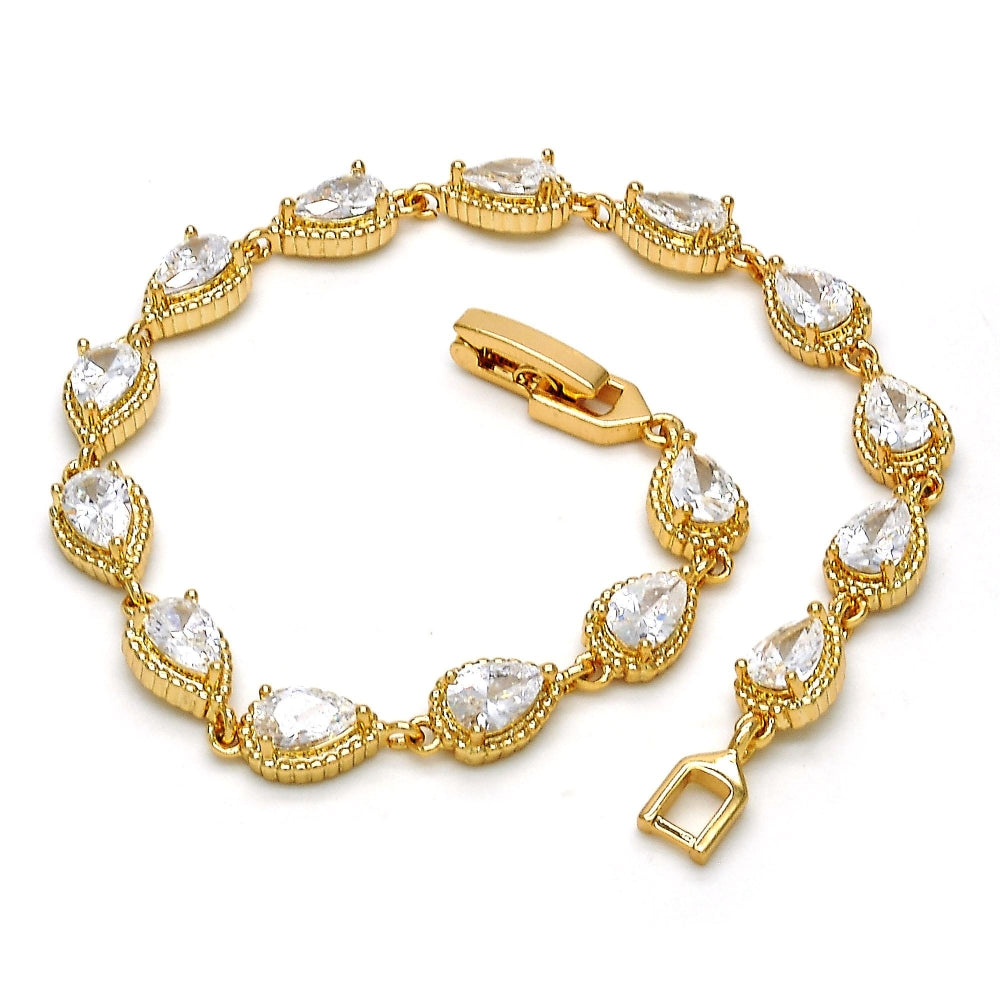 Oro Laminado Tennis Bracelet, Gold Filled Style Teardrop Design, with White Cubic Zirconia, Polished, Golden Finish
