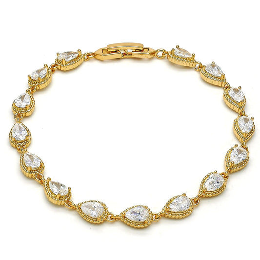 Oro Laminado Tennis Bracelet, Gold Filled Style Teardrop Design, with White Cubic Zirconia, Polished, Golden Finish