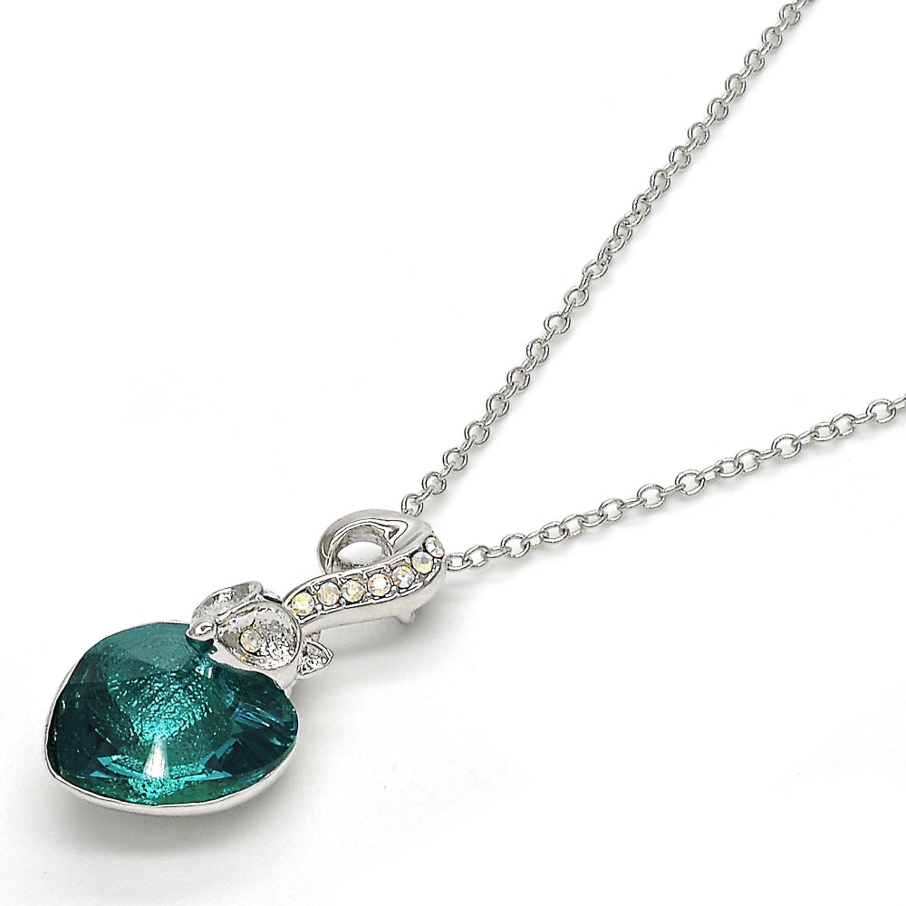 Rhodium Gold Filled Pendant Necklace, Heart Design, with Blue Zircon and Aurore Boreale Swarovski Crystals, Polished, Rhodium Finish