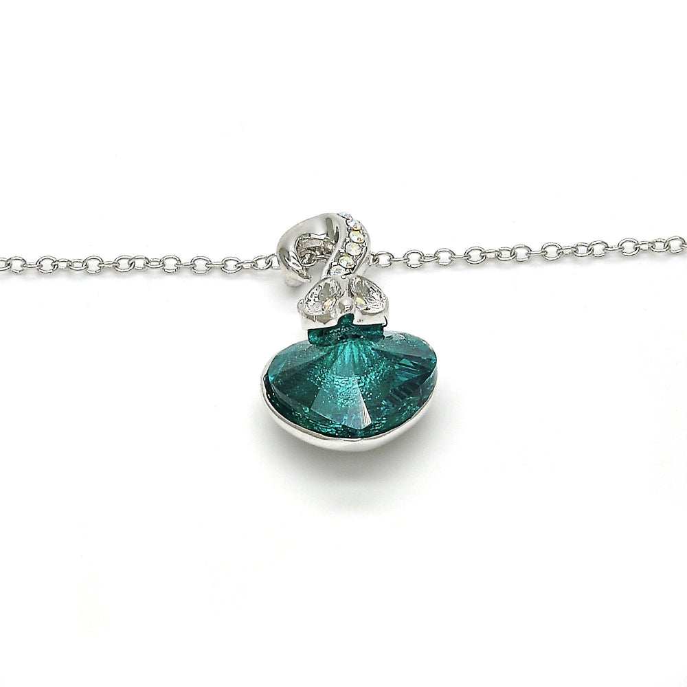 Rhodium Gold Filled Pendant Necklace, Heart Design, with Blue Zircon and Aurore Boreale Swarovski Crystals, Polished, Rhodium Finish