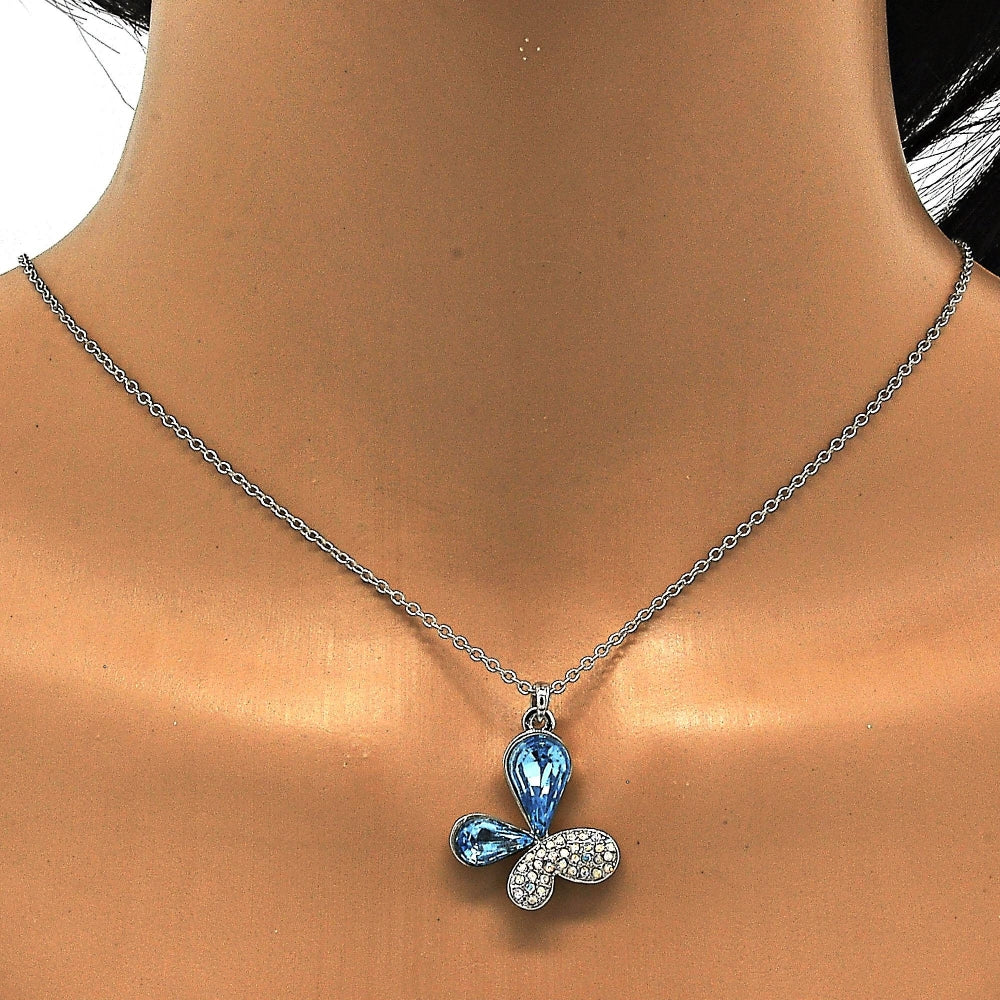 Rhodium Gold Filled Pendant Necklace, Butterfly Design, with Aquamarine and Aurore Boreale Swarovski Crystals, Polished, Rhodium Finish