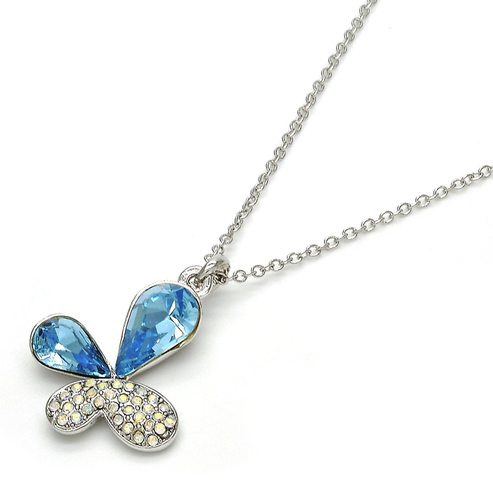 Rhodium Gold Filled Pendant Necklace, Butterfly Design, with Aquamarine and Aurore Boreale Swarovski Crystals, Polished, Rhodium Finish