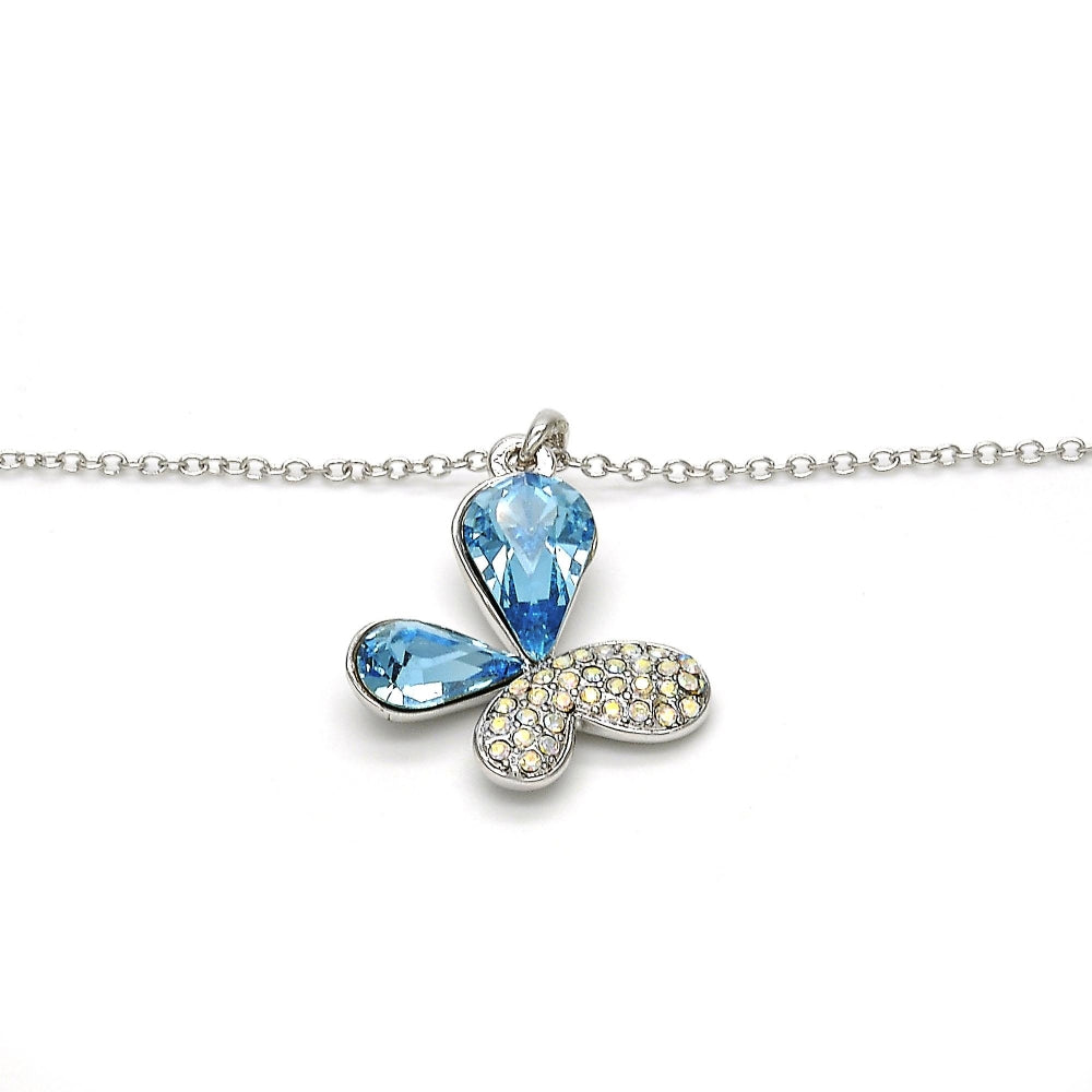 Rhodium Gold Filled Pendant Necklace, Butterfly Design, with Aquamarine and Aurore Boreale Swarovski Crystals, Polished, Rhodium Finish
