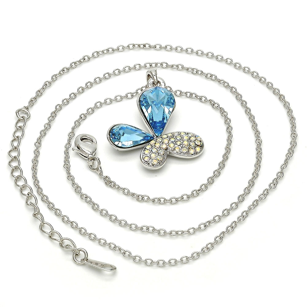 Rhodium Gold Filled Pendant Necklace, Butterfly Design, with Aquamarine and Aurore Boreale Swarovski Crystals, Polished, Rhodium Finish