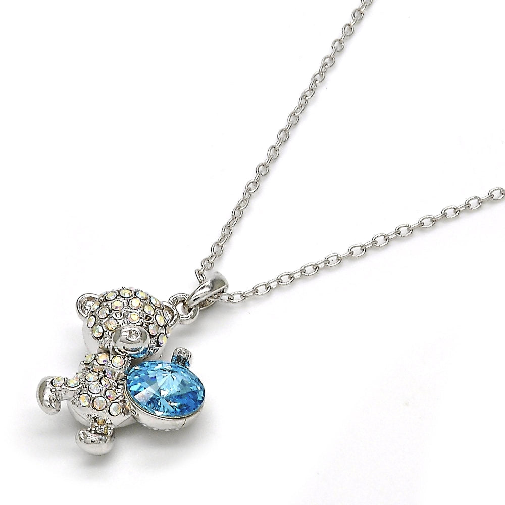 Rhodium Gold Filled Pendant Necklace, Teddy Bear Design, with Aquamarine and Aurore Boreale Swarovski Crystals, Polished, Rhodium Finish