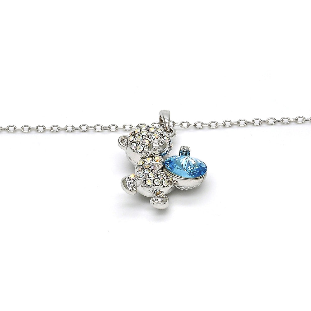 Rhodium Gold Filled Pendant Necklace, Teddy Bear Design, with Aquamarine and Aurore Boreale Swarovski Crystals, Polished, Rhodium Finish