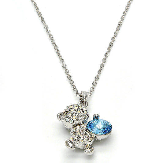 Rhodium Gold Filled Pendant Necklace, Teddy Bear Design, with Aquamarine and Aurore Boreale Swarovski Crystals, Polished, Rhodium Finish