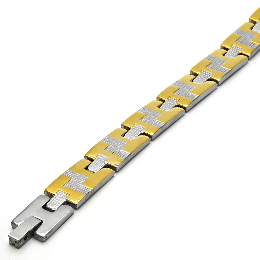 Stainless Steel Solid Bracelet, Greek Key Design, Polished, Steel Finish