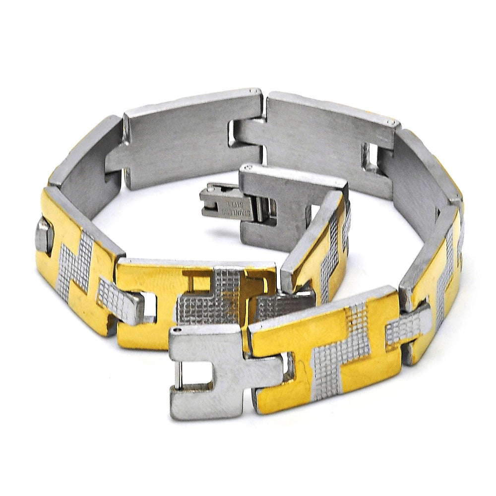 Stainless Steel Solid Bracelet, Greek Key Design, Polished, Steel Finish