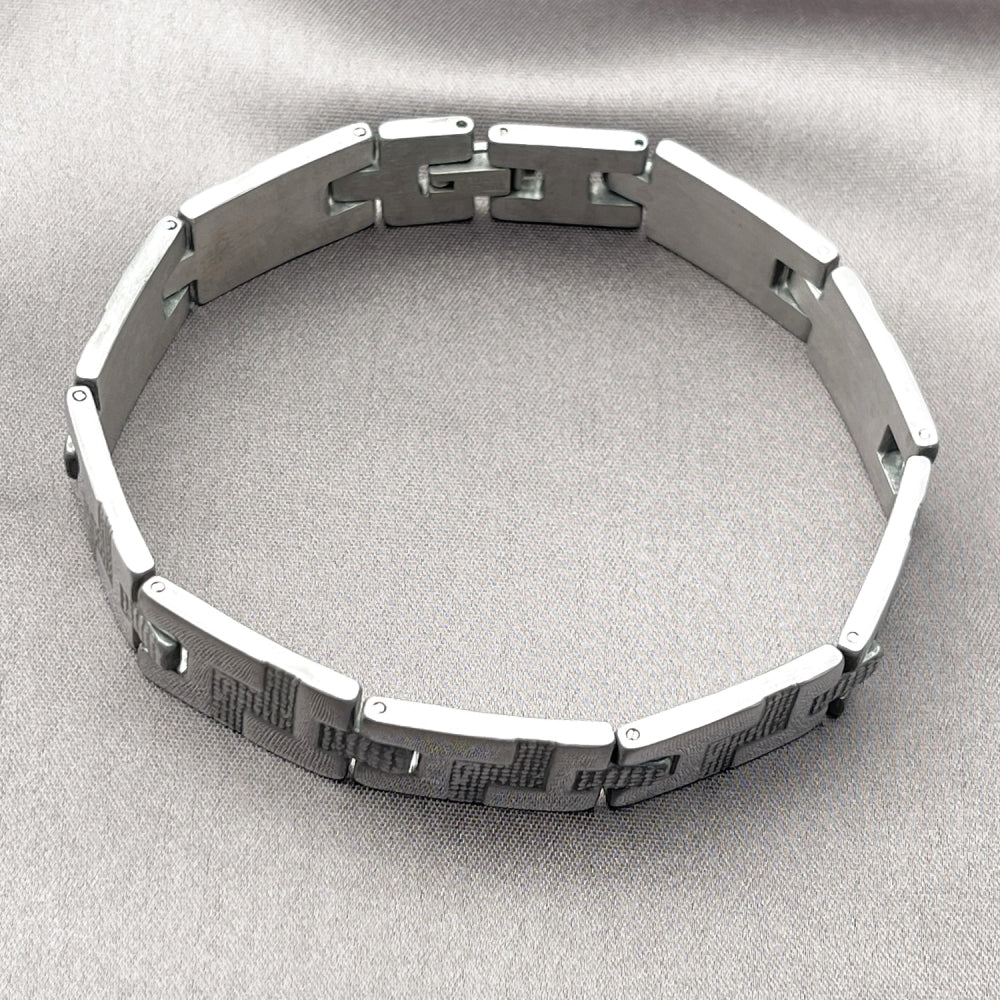 Stainless Steel Solid Bracelet, Greek Key Design, Polished, Steel Finish