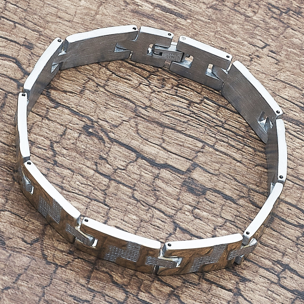 Stainless Steel Solid Bracelet, Greek Key Design, Polished, Steel Finish