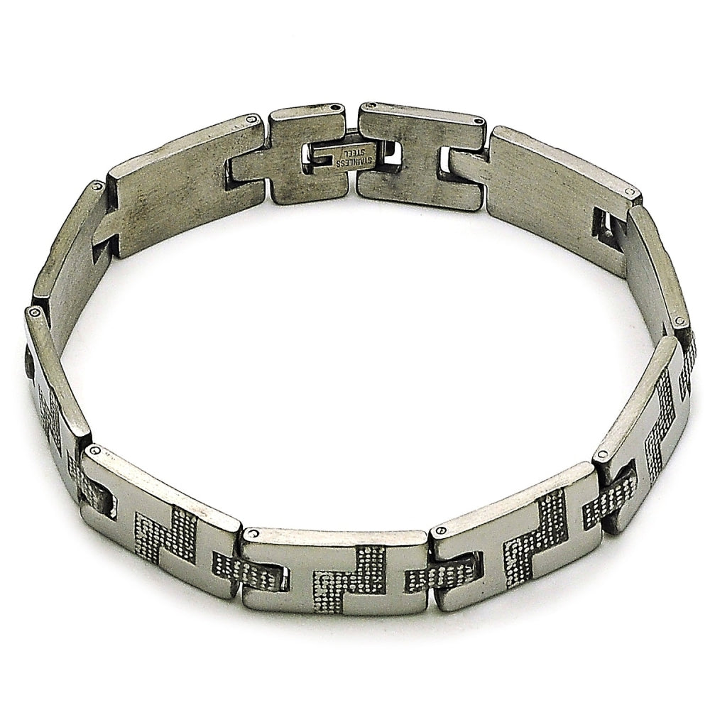 Stainless Steel Solid Bracelet, Greek Key Design, Polished, Steel Finish