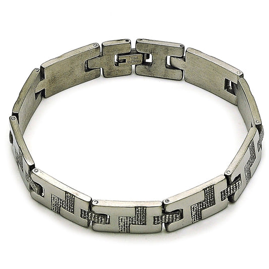 Stainless Steel Solid Bracelet, Greek Key Design, Polished, Steel Finish