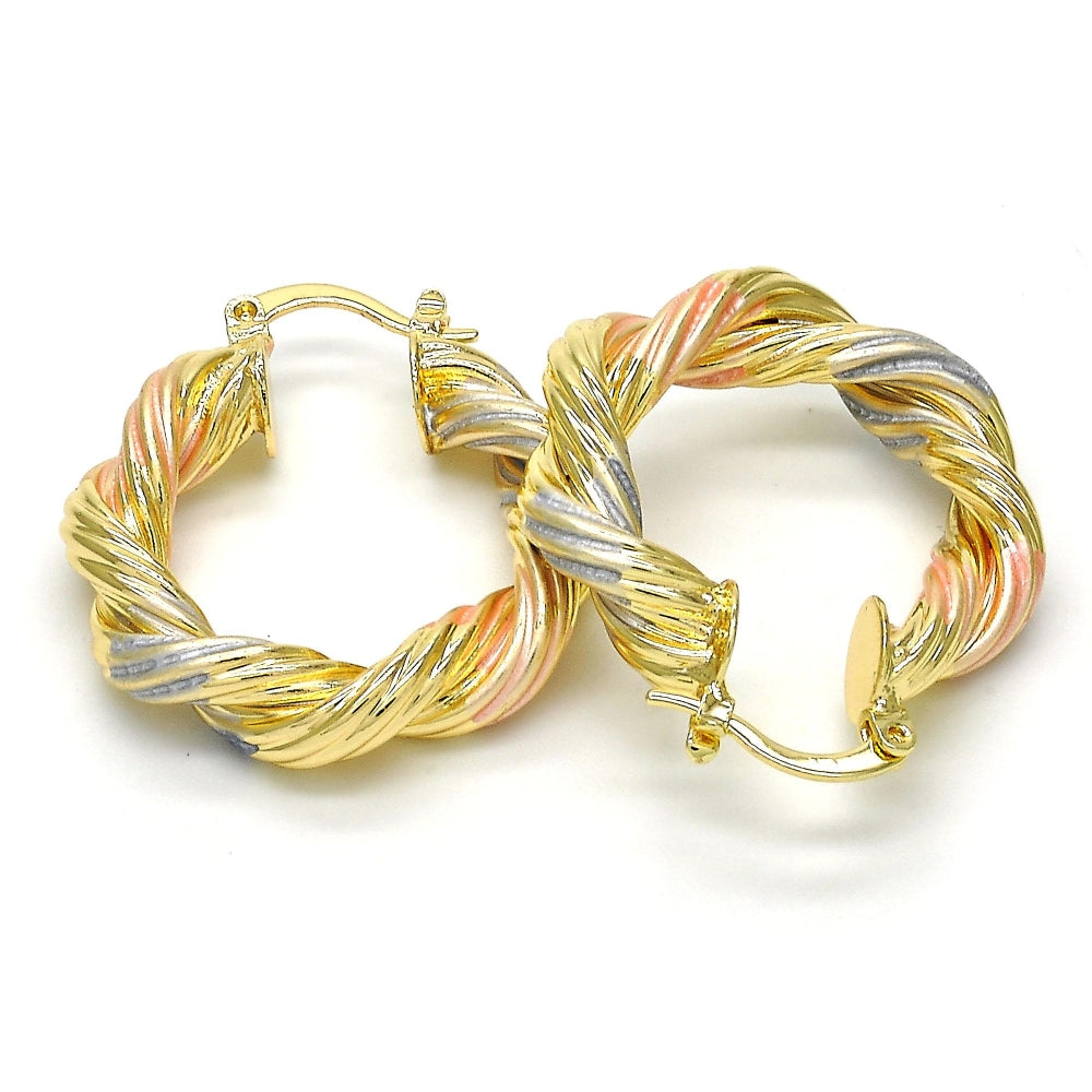 Oro Laminado Medium Hoop, Gold Filled Style Twist and Hollow Design, Polished, Tricolor