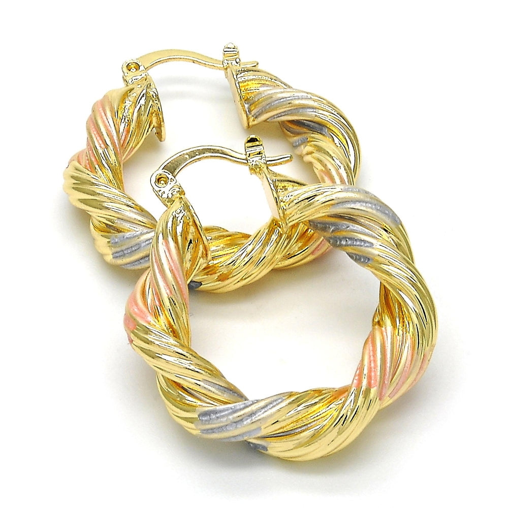 Oro Laminado Medium Hoop, Gold Filled Style Twist and Hollow Design, Polished, Tricolor