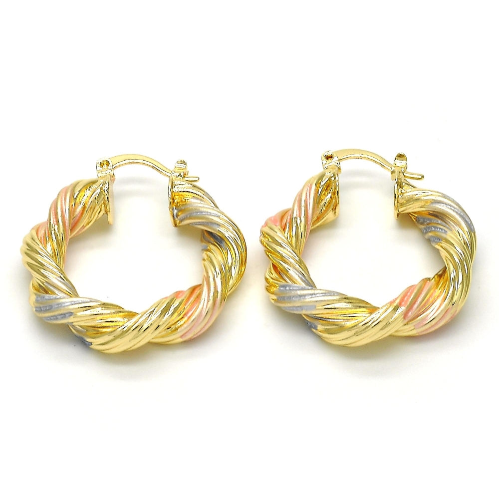 Oro Laminado Medium Hoop, Gold Filled Style Twist and Hollow Design, Polished, Tricolor