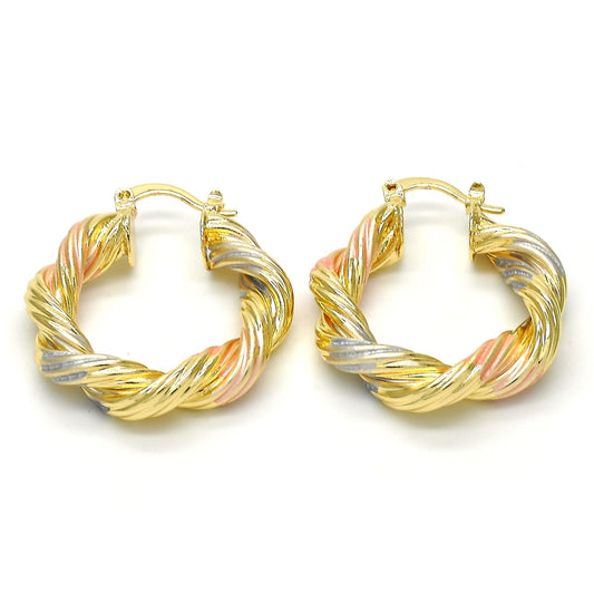 Oro Laminado Medium Hoop, Gold Filled Style Twist and Hollow Design, Polished, Tricolor