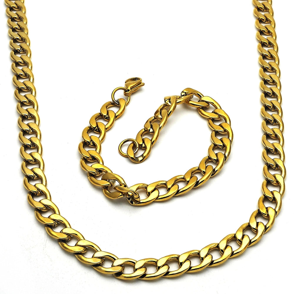 Stainless Steel Necklace and Bracelet, Curb Design, Polished, Golden Finish
