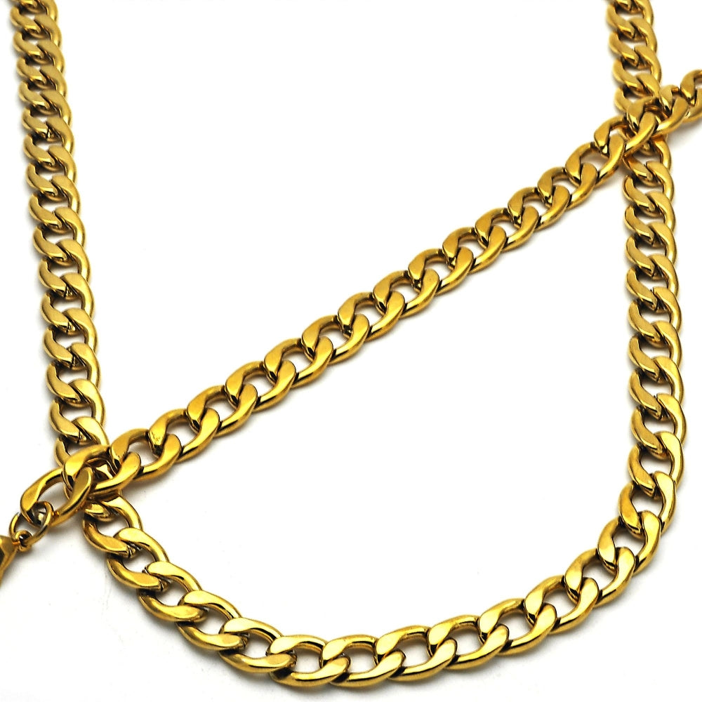 Stainless Steel Necklace and Bracelet, Curb Design, Polished, Golden Finish