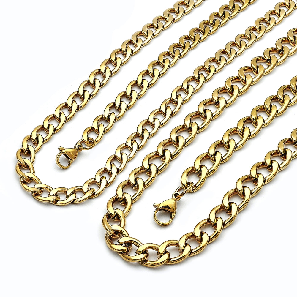 Stainless Steel Necklace and Bracelet, Curb Design, Polished, Golden Finish