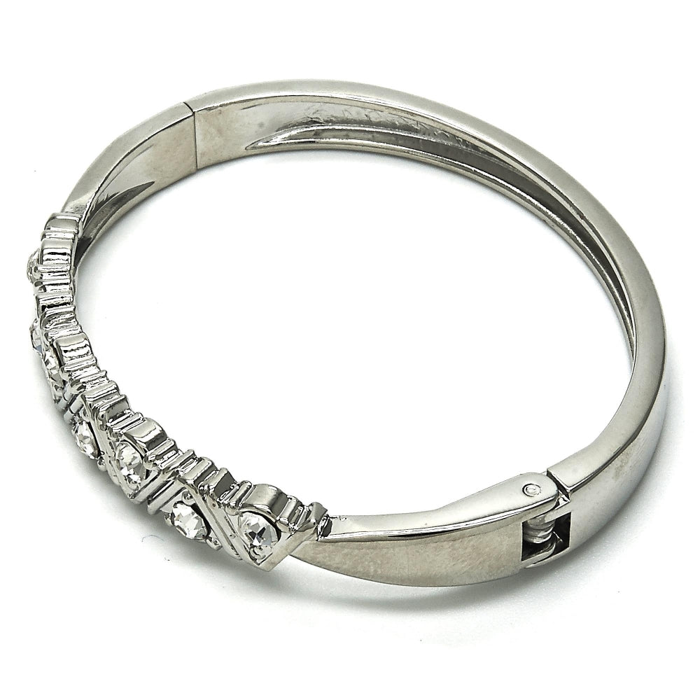 Rhodium Gold Filled Individual Bangle, with White Crystal, Polished, Rhodium Finish