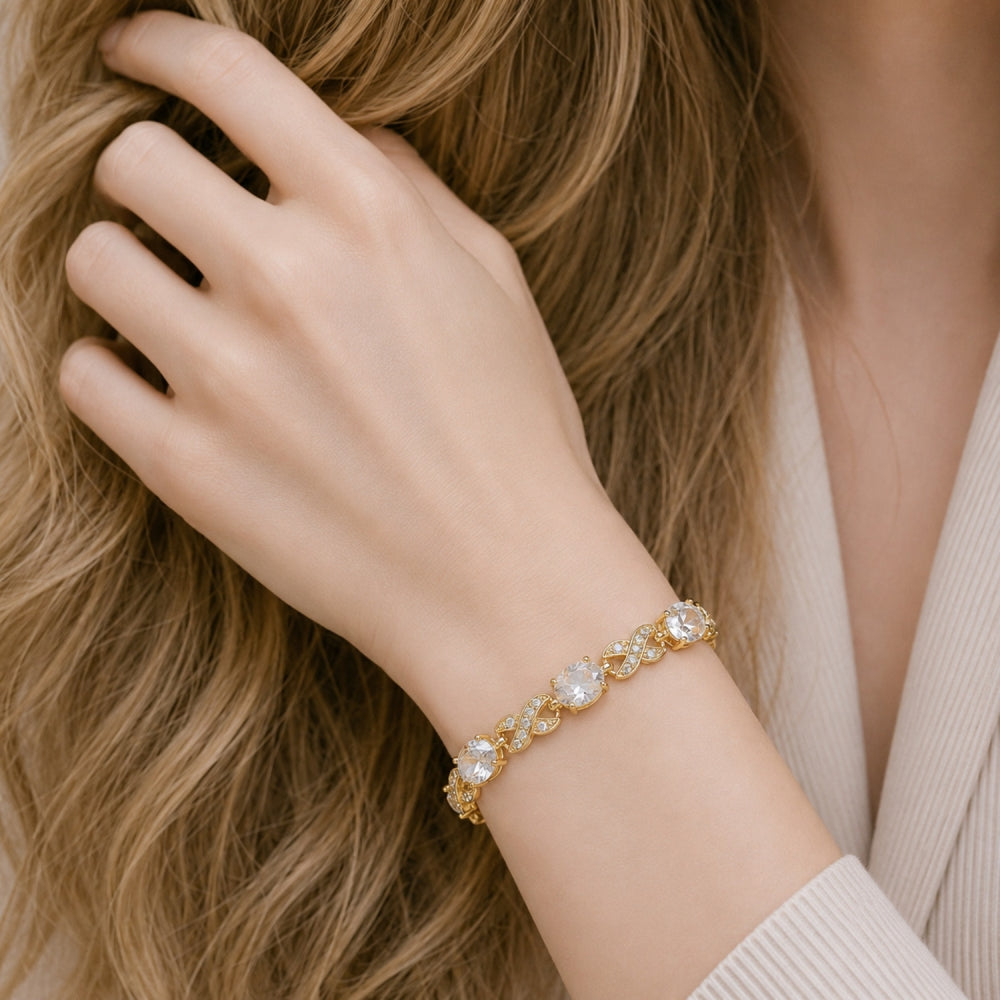 Oro Laminado Tennis Bracelet, Gold Filled Style Hugs and Kisses Design, with White Cubic Zirconia and White Micro Pave, Polished, Golden Finish
