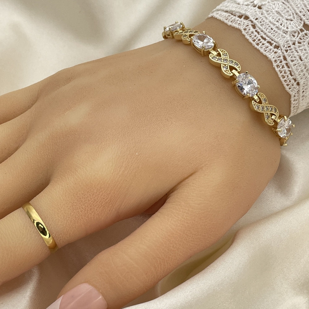 Oro Laminado Tennis Bracelet, Gold Filled Style Hugs and Kisses Design, with White Cubic Zirconia and White Micro Pave, Polished, Golden Finish