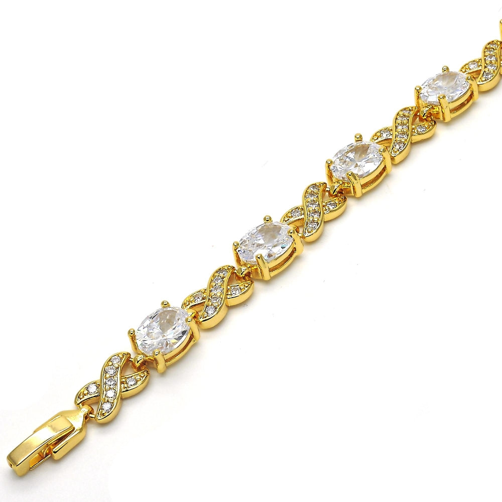 Oro Laminado Tennis Bracelet, Gold Filled Style Hugs and Kisses Design, with White Cubic Zirconia and White Micro Pave, Polished, Golden Finish