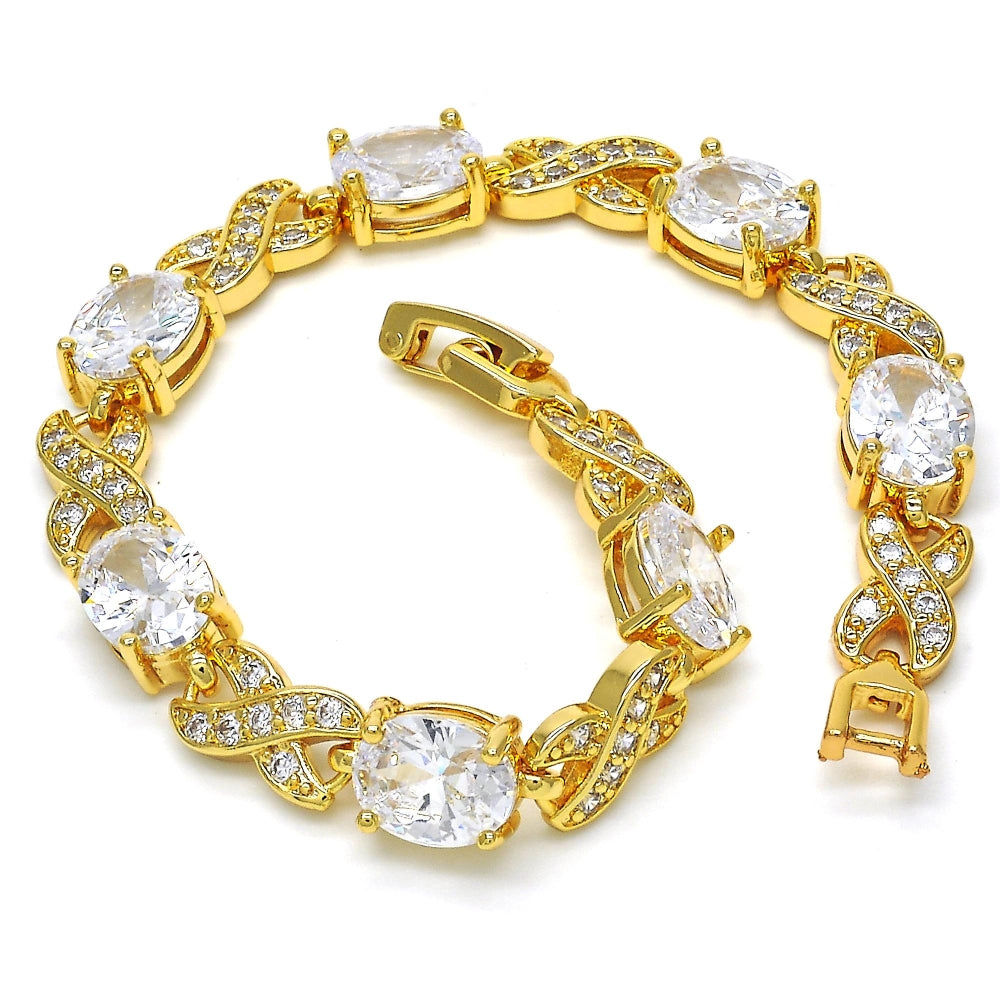 Oro Laminado Tennis Bracelet, Gold Filled Style Hugs and Kisses Design, with White Cubic Zirconia and White Micro Pave, Polished, Golden Finish