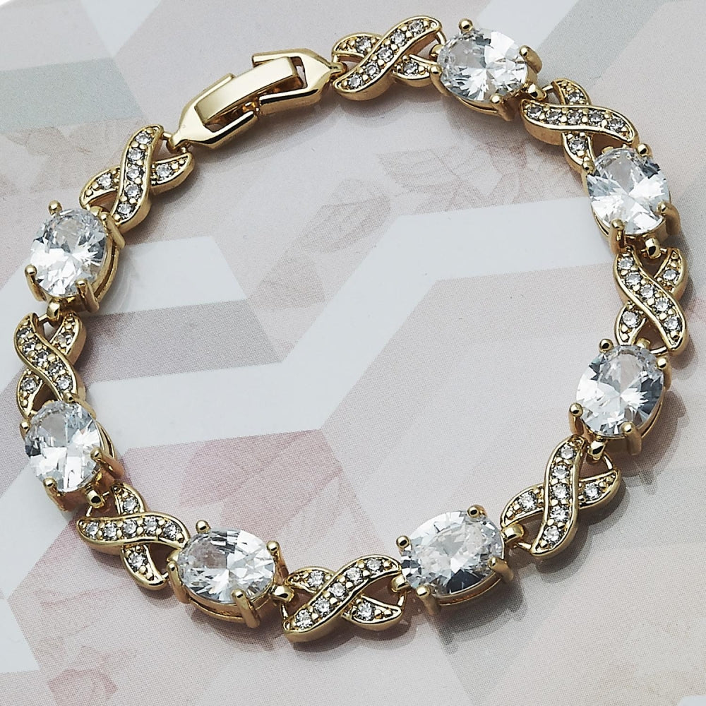 Oro Laminado Tennis Bracelet, Gold Filled Style Hugs and Kisses Design, with White Cubic Zirconia and White Micro Pave, Polished, Golden Finish