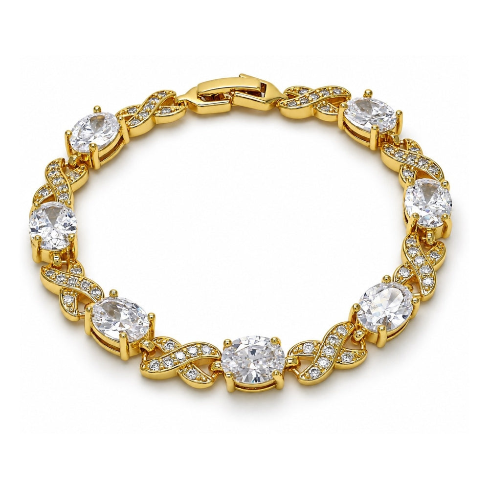 Oro Laminado Tennis Bracelet, Gold Filled Style Hugs and Kisses Design, with White Cubic Zirconia and White Micro Pave, Polished, Golden Finish