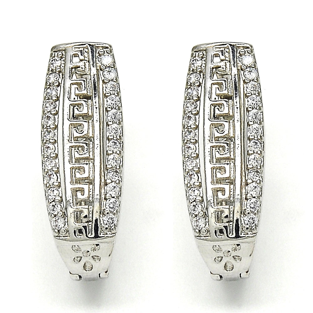 Rhodium Gold Filled Huggie Hoop, Greek Key Design, with White Cubic Zirconia, Polished, Rhodium Finish
