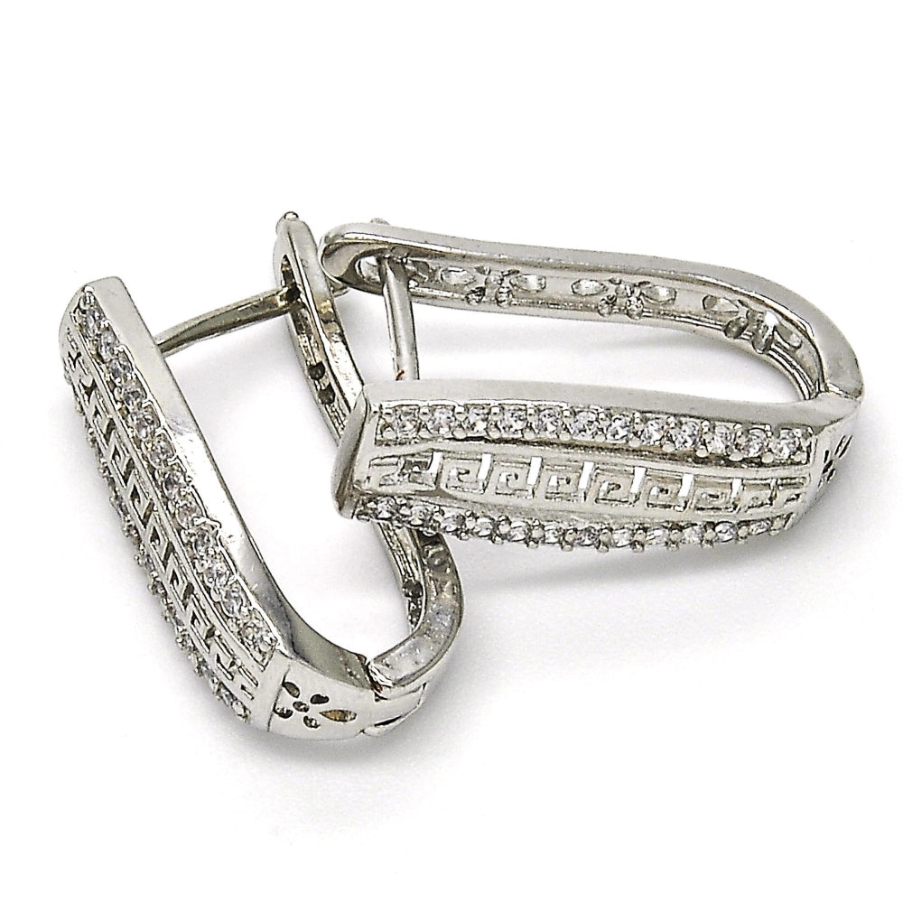 Rhodium Gold Filled Huggie Hoop, Greek Key Design, with White Cubic Zirconia, Polished, Rhodium Finish