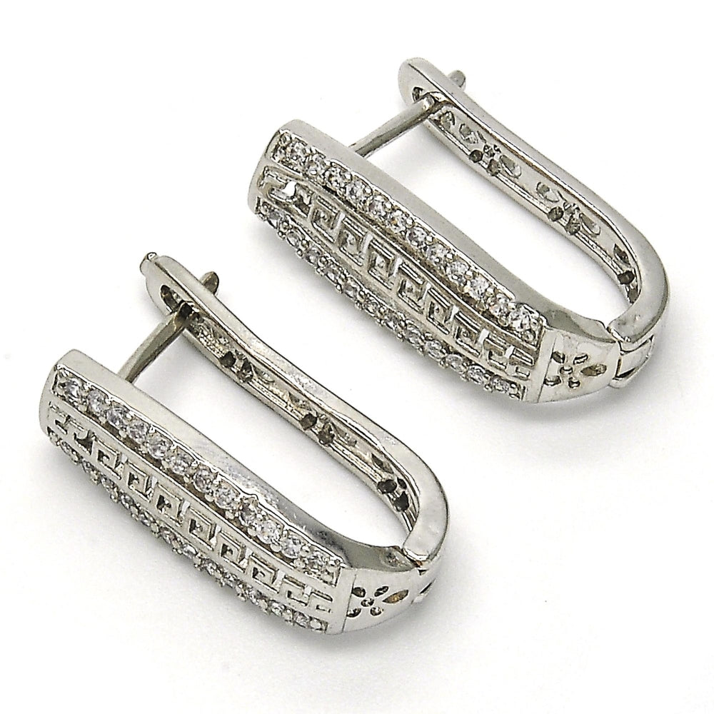 Rhodium Gold Filled Huggie Hoop, Greek Key Design, with White Cubic Zirconia, Polished, Rhodium Finish