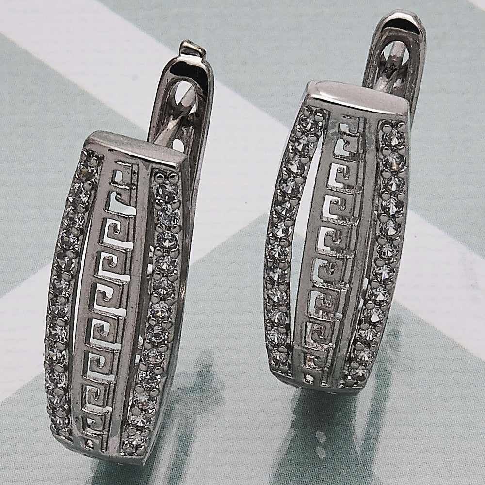 Rhodium Gold Filled Huggie Hoop, Greek Key Design, with White Cubic Zirconia, Polished, Rhodium Finish