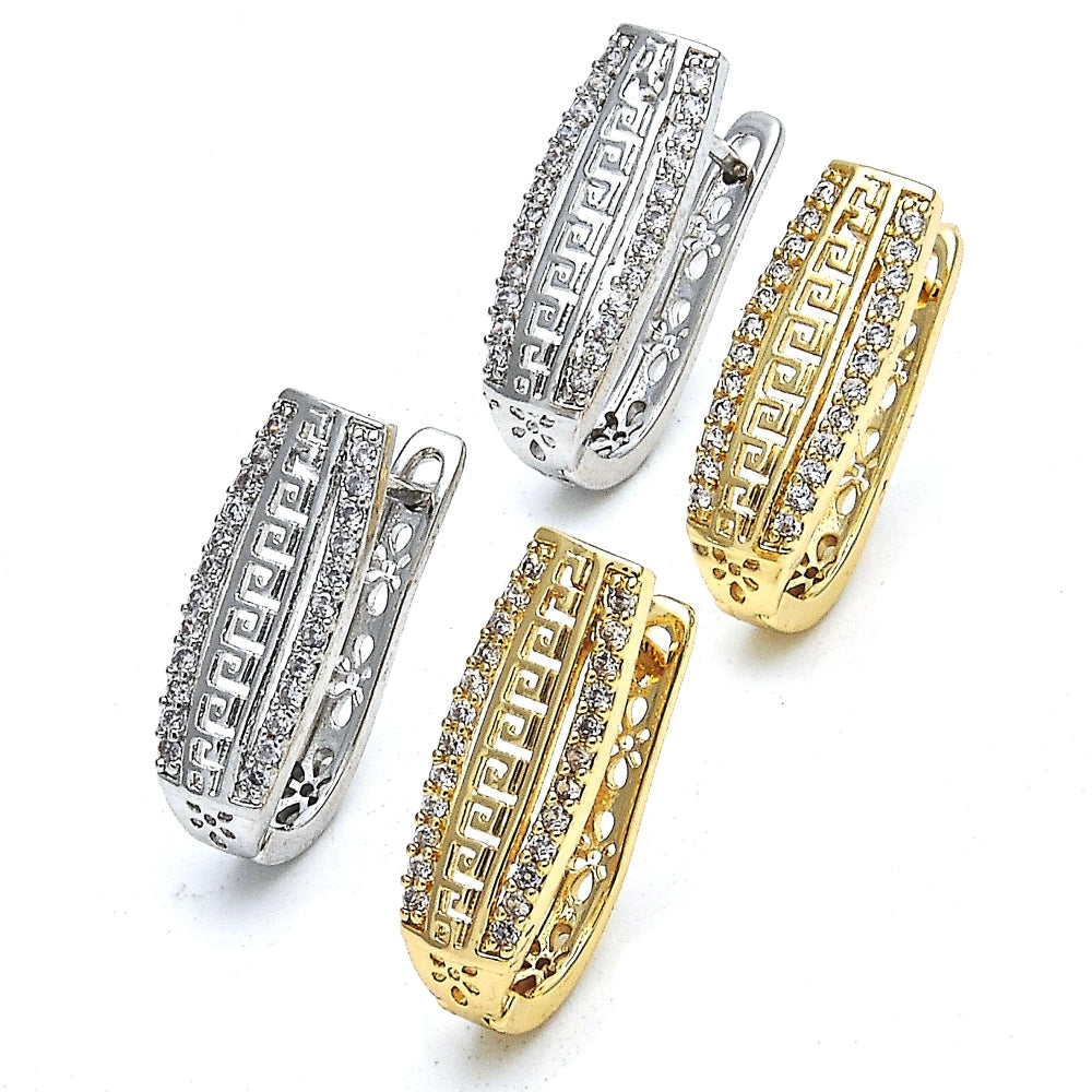 Rhodium Gold Filled Huggie Hoop, Greek Key Design, with White Cubic Zirconia, Polished, Rhodium Finish