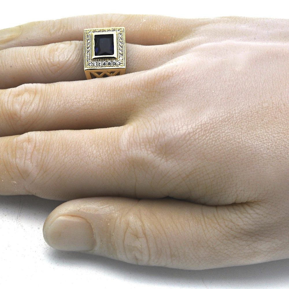 Oro Laminado Mens Ring, Gold Filled Style with Sapphire Blue Cubic Zirconia and White Micro Pave, Polished, Golden Finish